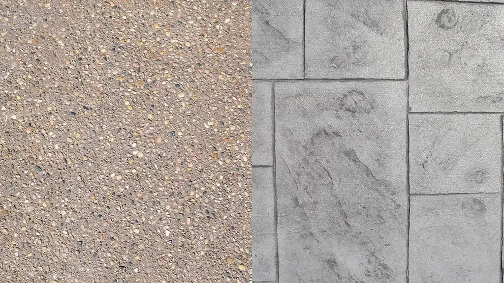 A side by side comparison of exposed aggregate and stamped concrete